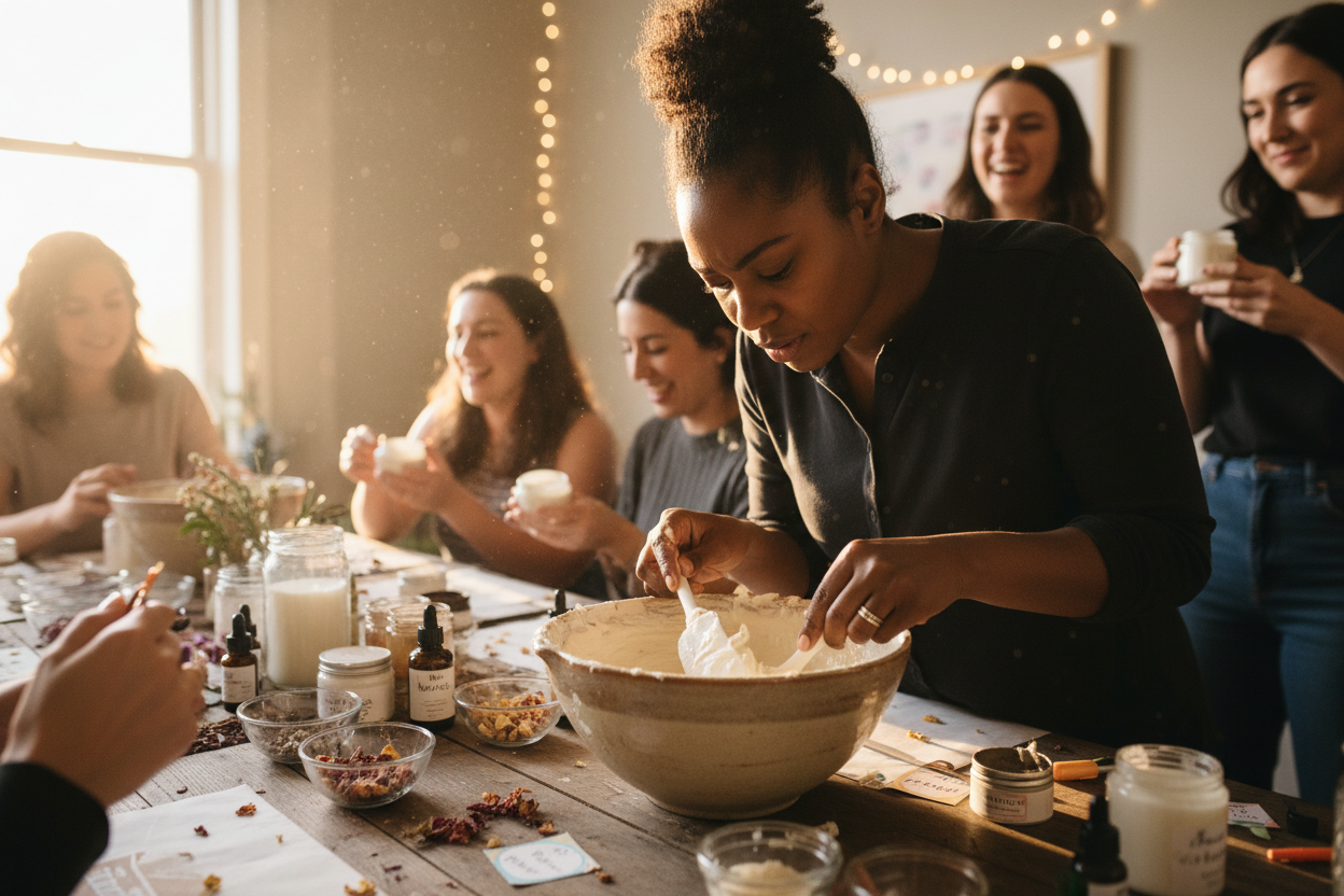a black woman mixing shea body butter with a spatchula at a body butter making party 